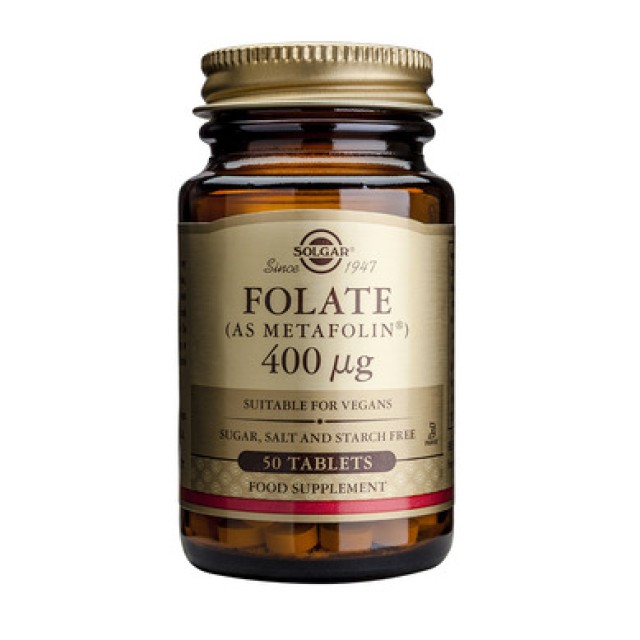 Solgar Folate 400μg (as Metafolin), 50VegCaps. Συμβάλλει στην πρόληψη εκ γενετής ανωμαλιών του νευρικού σωλήνα στο αναπτυσσόμενο έμβρυο