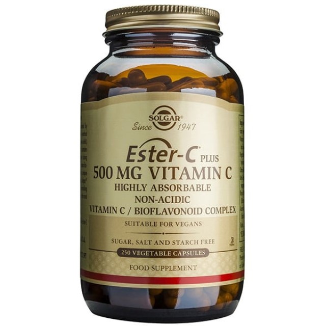 Solgar Ester-C 500mg 250Veg. Caps. Συμβάλλει στην ομαλή λειτουργία του ανοσοποιητικού & νευρικού συστήματος