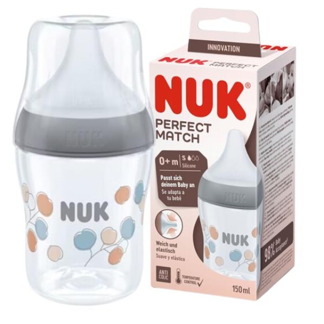 Nuk Perfect Match Μπιμπερό PP Medium 0m + Με Μαλακή Θηλή Σιλικόνης Κατά Των Κολικών & Με Δείκτη Ελέγχου Θερμοκρασίας 150ml