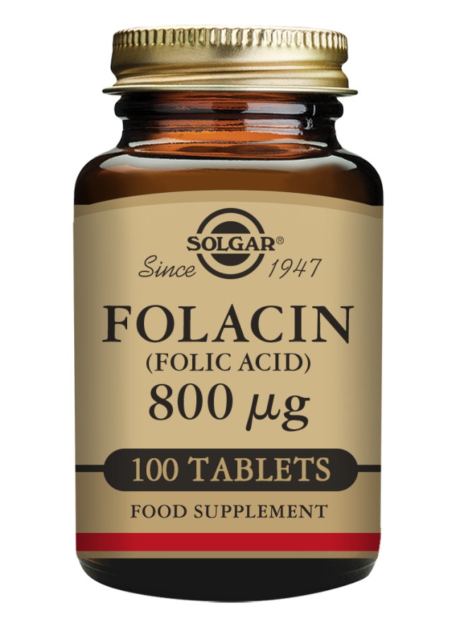 Solgar Folacin (Folic Acid) 800μg, 100Tabs. Συμβάλλει στη φυσιολογική ανάπτυξη των ιστών του εμβρύου