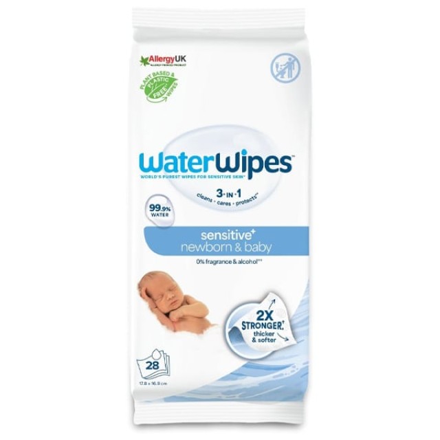 Water Wipes Sensitive + 0% Fragrance & Alcohol , Μωρομάντηλα με 99,9% Νερό Χωρίς Άρωμα, Οινόπνευμα & Parabens 28τεμάχια