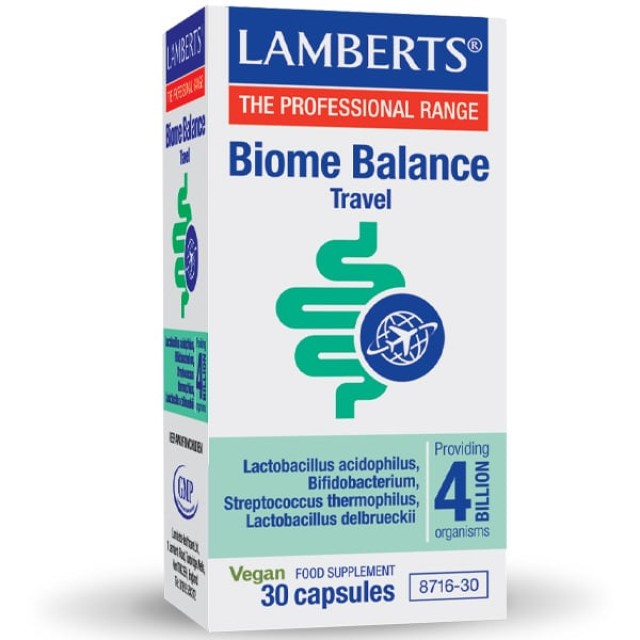 Lamberts Biome Balance Travel Συμπλήρωμα Διατροφής για την Ισορροπία Του Εντερικού Μικροβιώματος κατά τη Διάρκεια Ταξιδιού 30 Φυτικές Κάψουλες 