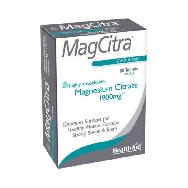 Health Aid MagCitra, Μαγνήσιο Κιτρικό 1900mg, Υψηλή Ποιότητα & Ταχεία Απορρόφηση 60 Vegan Ταμπλέτες