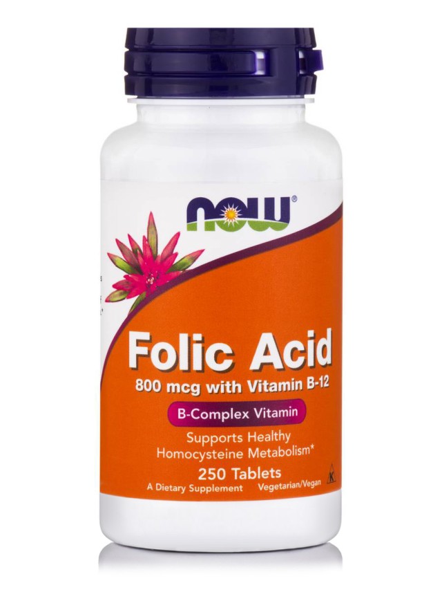 Now Foods Folic Acid 800mcg With Vitamin B-12, Συμπλήρωμα Διατροφής 250 Ταμπλέτες