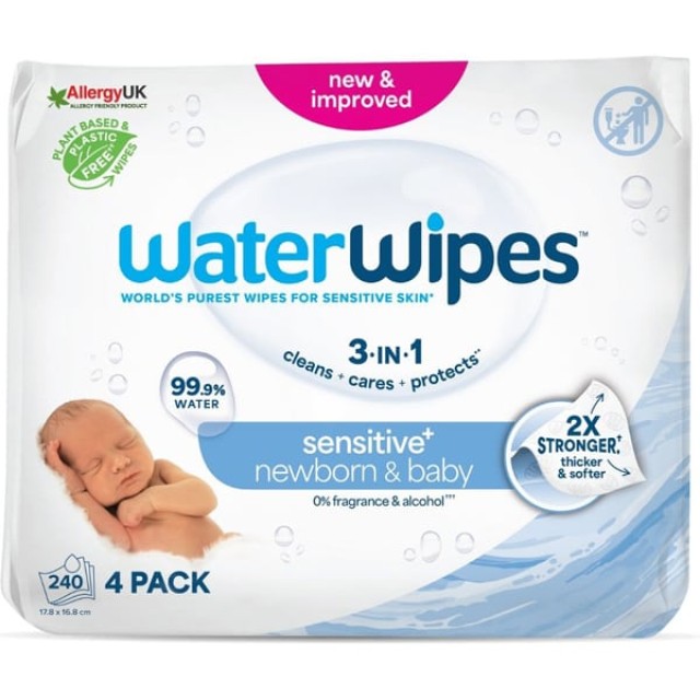 Water Wipes Sensitive + 0% Fragrance & Alcohol , Μωρομάντηλα με 99,9% Νερό Χωρίς Άρωμα, Οινόπνευμα & Parabens 240τεμάχια(4x60)