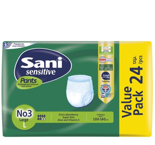 Sani Sensitive Pants No3 Large Ελαστικά Εσώρουχα Ακράτειας 24 Τεμάχια