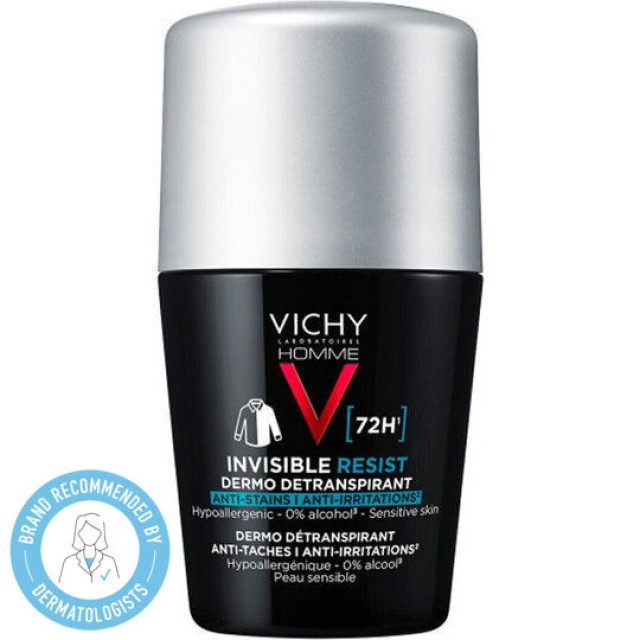 Vichy Homme Invisible Resist 72H Ανδρικό Αποσμητικό Roll-On Κατά των Σημαδιών & της Έντονης Εφίδρωσης, 50ml