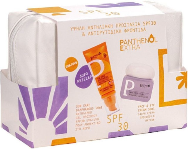 Panthenol Extra Promo Αντηλιακή & Αντιρυτιδική Φροντίδα με Sun Care Diaphanous Αντηλιακό Gel Προσώπου SPF30, 50ml & Face & Eye Cream 24h Κρέμα Προσώπου & Ματιών 50ml & Δώρο Νεσεσέρ