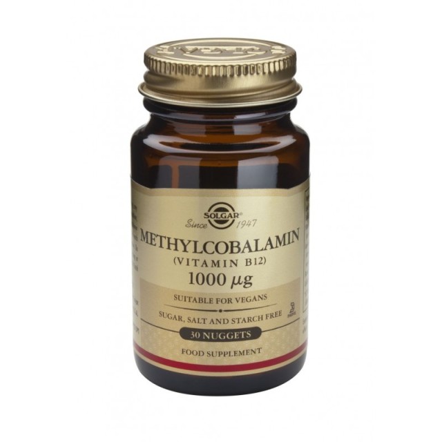 Solgar Vitamin B-12 1000μg Methylcobalamin, 30 Nuggets. Βοηθά την ομαλή λειτουργία του νευρικού συστήματος και τις ομαλές ψυχολογικές λειτουργίες