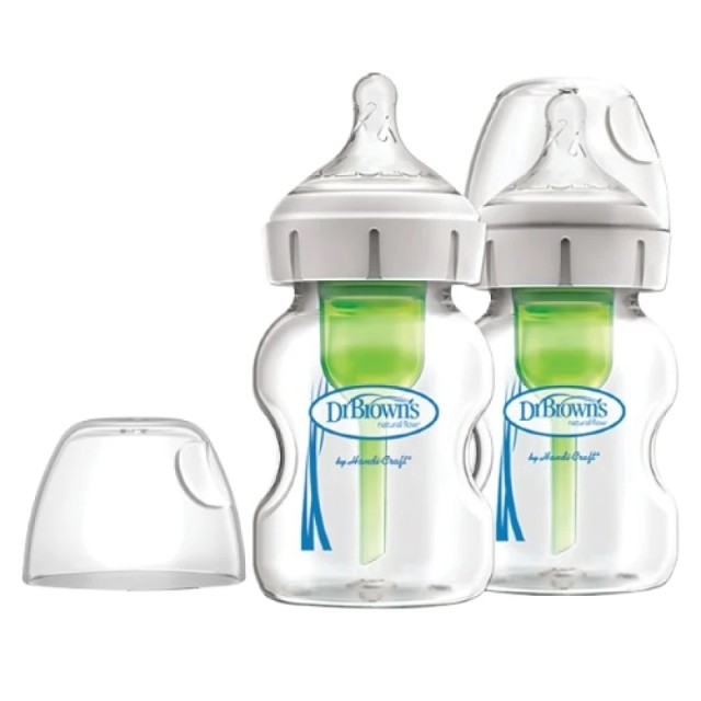 Dr. Browns Options+ Anti-Colic Μπιμπερό Γυάλινο με Φαρδύ Λαιμό & Θηλή Σιλικόνης 2x150ml