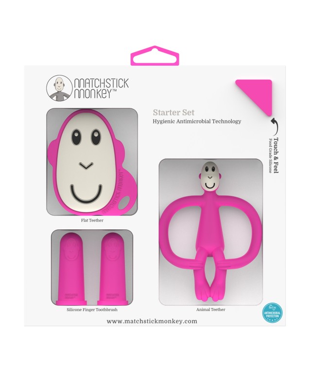 Matchstick Monkey Pink Starter Set. Flat Teethe & Silicone Finger Toothbrush & Animal Teether