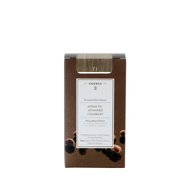 Korres Argan Oil Advanced Colorant N7.1 Ash Blonde, Βαφή Μαλλιών Χρώμα Ξανθό Σαντρέ