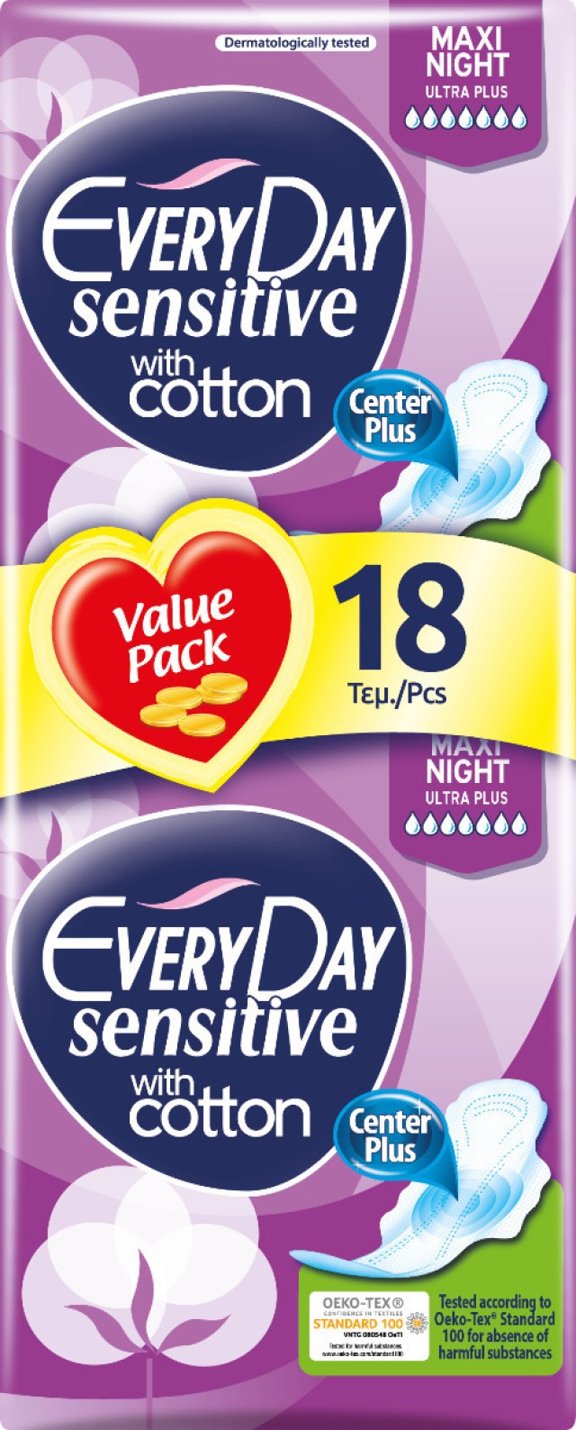 Everyday Sensitive with Cotton Maxi Night, Σερβιέτες Extra Προστασία, με Φτερά, 18 Τεμάχια