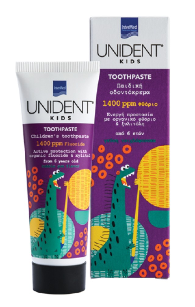 Intermed Unident Kids Toothpaste 1400ppm Φθοριούχος Οδοντόκρεμα από 6 Ετών, Γεύση Τσιχλόφουσκα 50ml