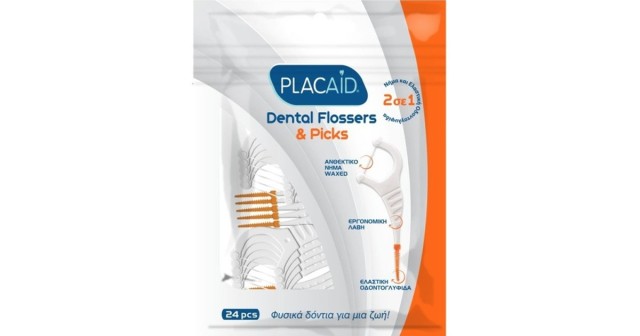 Plac Aid Dental Flosser & Picks Οδοντικό Νήμα με Λαβή Πορτοκαλί 24τεμ