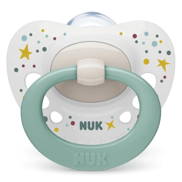 NUK Signature Πιπίλα Σιλικόνης 0-6m, Χρώμα Λευκό με Πράσινο κρίκο 1 τεμάχιο