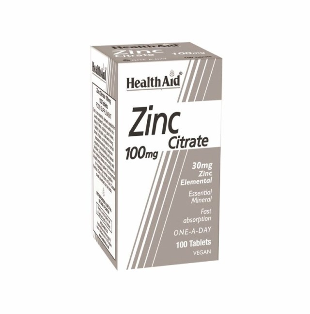 Health Aid Zinc Citrate 100mg Vegan, Κιτρικός Ψευδάργυρος 100 Ταμπλέτες