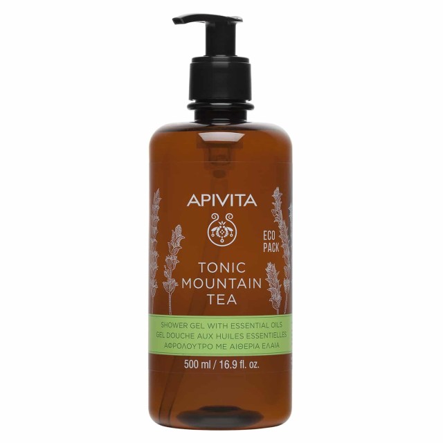 Apivita Shower Gel Tonic Mountain Tea, Eco Pack Αφρόλουτρο Με Αιθέρια Έλαια 500ml