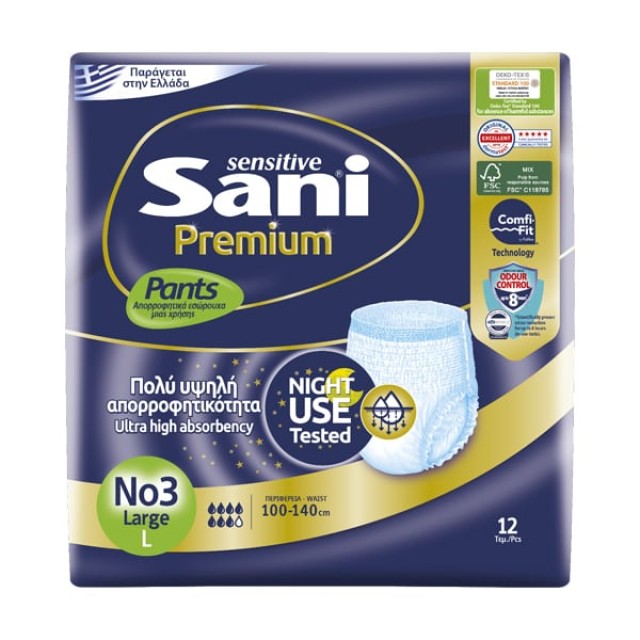 Sani Sensitive Premium Pants No3 Large Ελαστικά Εσώρουχα Ακράτειας 12 Τεμάχια