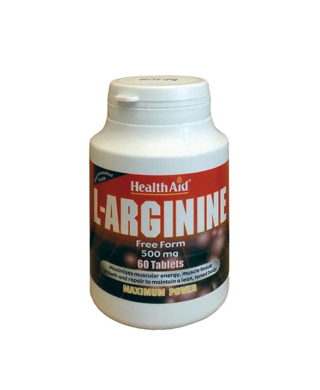 Health Aid L-Arginine, Συμπλήρωμα Διατροφής 60 Ταμπλέτες Σκεύασμα Αργινίνης, ενός Αμινοξέος Απαραίτητου για την Παραγωγή Ενέργειας στους Μυς και την Επανόρθωση τους.