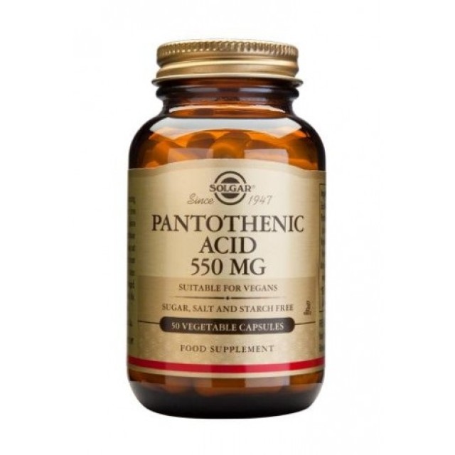 Solgar Pantothenic Acid (B5) 550mg, 50VegCaps. Βοηθάει στην αντιμετώπιση του στρες