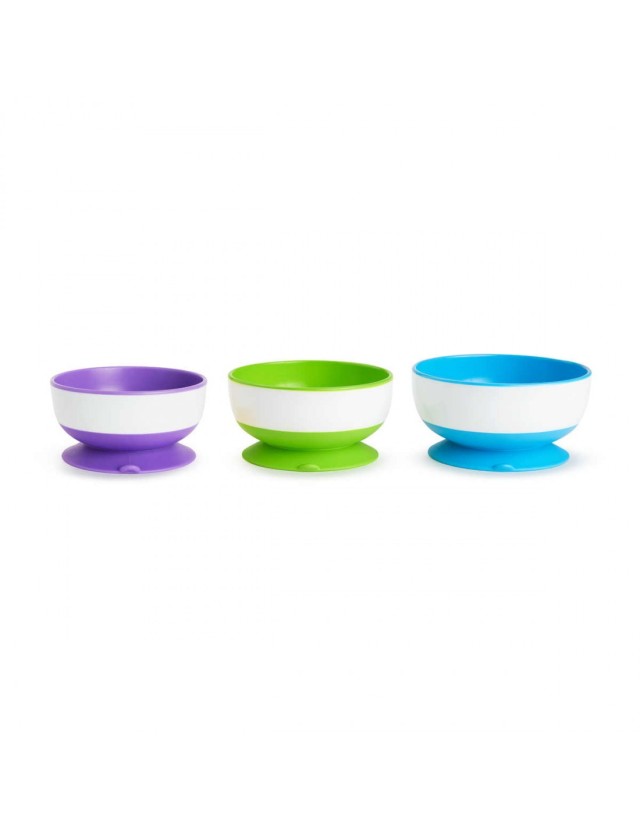 Munchkin Stay Put Suction Bowls 6m+, Μπολ με Βάση Βεντούζα, Χρώμα Μωβ & Πράσινο & Μπλε 3 Τεμάχια