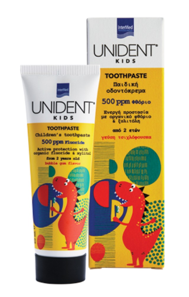Intermed Unident Kids Toothpaste 500ppm Φθοριούχος Οδοντόκρεμα από 2 Ετών, Γεύση Τσιχλόφουσκα 50ml