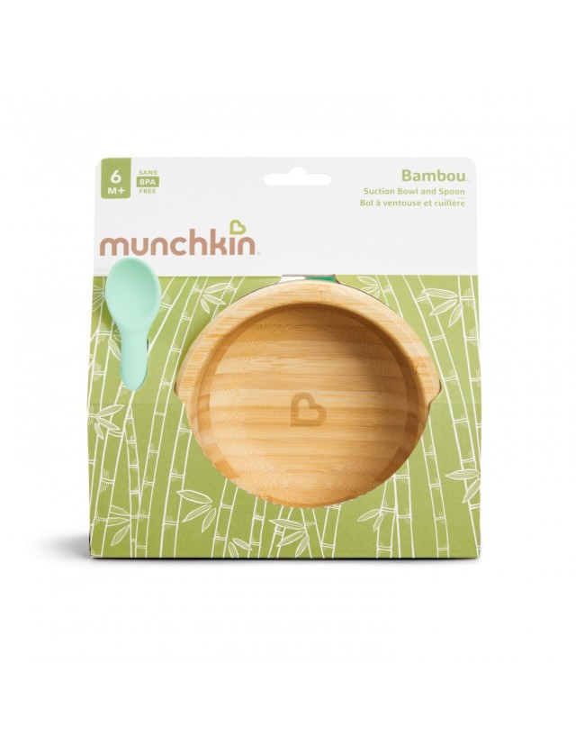 Munchkin Bambou Suction Bowl and Spoon 6m+, Οικολογικό Πιάτο από Μπαμπού & Κουταλάκι Σιλικόνης, Χρώμα Γαλάζιο