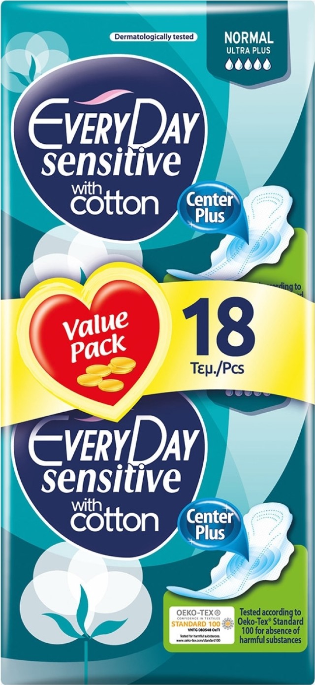 Everyday Sensitive with Cotton Normal, Σερβιέτες Κανονικού Μήκους, με Φτερά, 18 Τεμάχια