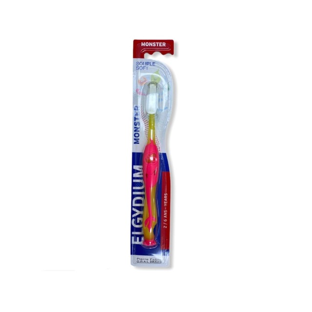 Elgydium Kids Monster Souple Soft, Οδοντόβουρτσα για Παιδιά 2-6 Ετών, Χρώμα Κίτρινο & Ροζ