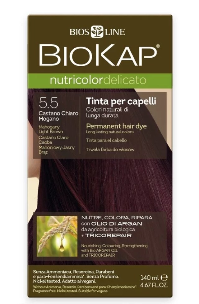 Biokap N5.5 Mahogany Light Brown, Βαφή Μαλλιών Χρώμα Φυσικό Καστανό Ανοιχτό Ακαζού 140ml