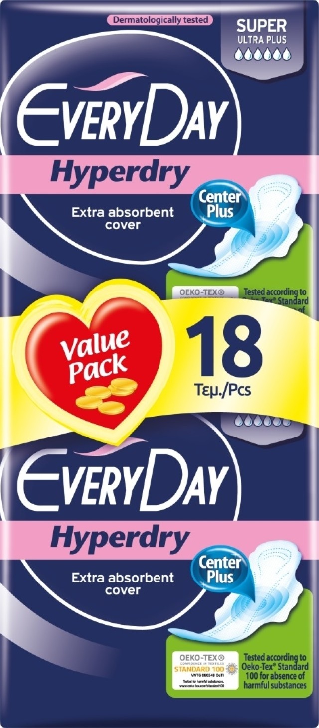 EveryDay Hyperdry Super Σερβιέτες Μεγάλου Μήκους, με Φτερά, 18 Τεμάχια