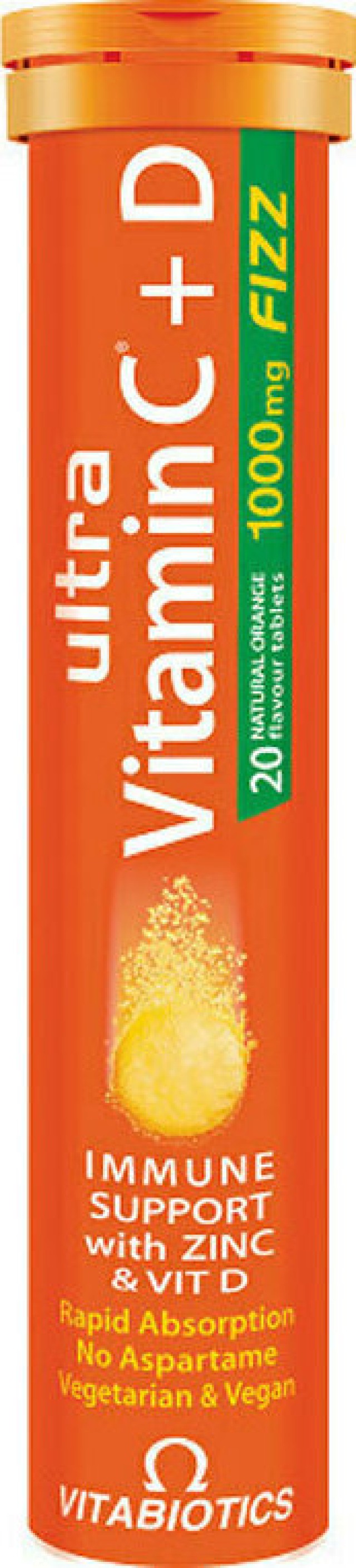 Vitabiotics Ultra Vitamin C + D 1000mg με Γεύση Πορτοκάλι, 20 Αναβράζοντα Δισκία
