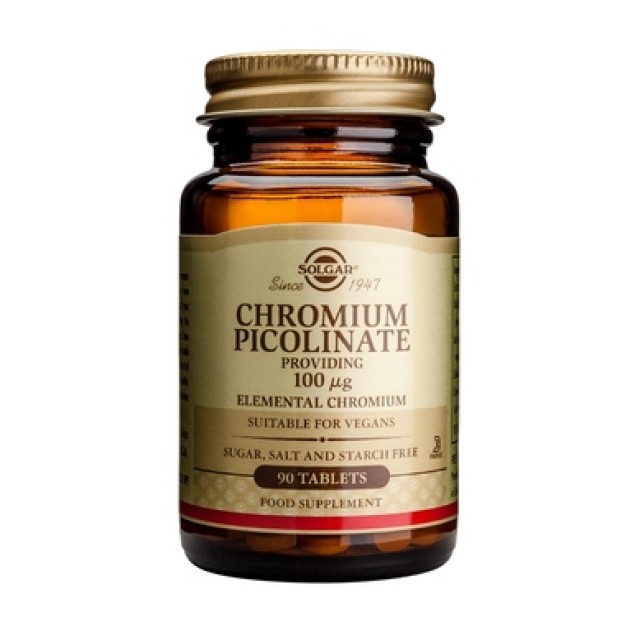 Solgar Chromium Picolinate 100mg, 90Veg.Tabs. Συμβάλλει στον έλεγχο του σακχάρου στο αίμα