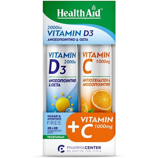 Health Aid Promo Vitamin D3 2000iu  Με Γεύση Πορτοκάλι 20 Αναβράζοντα Δισκία & Vitamin C 1000mg  Με Γεύση Πορτοκάλι 20 Αναβράζοντα Δισκία
