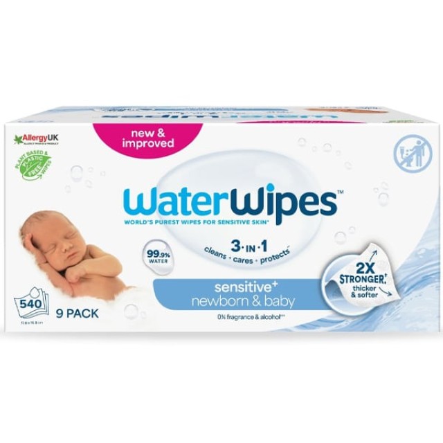 Water Wipes Sensitive + 0% Fragrance & Alcohol , Μωρομάντηλα με 99,9% Νερό Χωρίς Άρωμα, Οινόπνευμα & Parabens 540τεμάχια (9χ60)