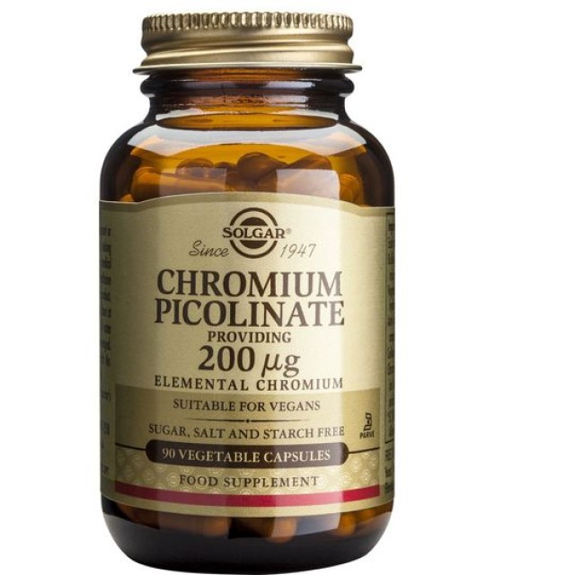 Solgar Chromium Picolinate 200mg. 90Veg.Caps. Συμβάλλει στον έλεγχο του σακχάρου στο αίμα