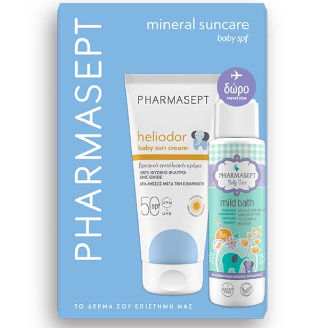 Pharmasept Promo Mineral Suncare Baby Heliodor Sun Cream Βρεφικό Αντηλιακό SPF50 100ml & Δώρο Travel Size Baby Care Mild Bath Απαλό Βρεφικό Αφρόλουτρο για Σώµα & Μαλλιά, 100ml