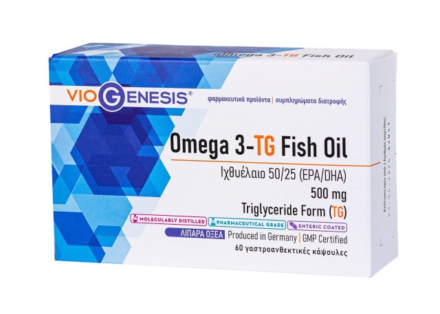 Viogenesis Omega 3- TG Fish Oil Ιχθυέλαιο 50 / 25 EPA / DHA Εντεροδιαλυτές Κάψουλες, Φαρμακευτικής Καθαρότητας & Μοριακής Απόσταξης 60 Γαστροανθεκτικές Κάψουλες
