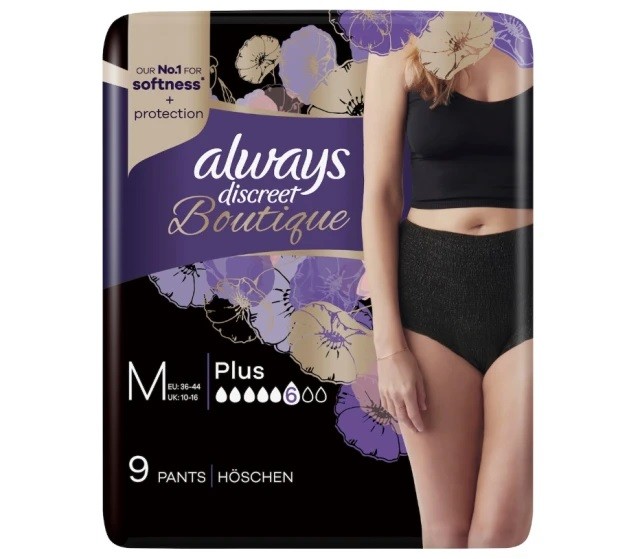 Always Discreet Boutique Pants Plus Medium Μαύρο , Πάνες Για Ακράτεια 9 τεμάχια