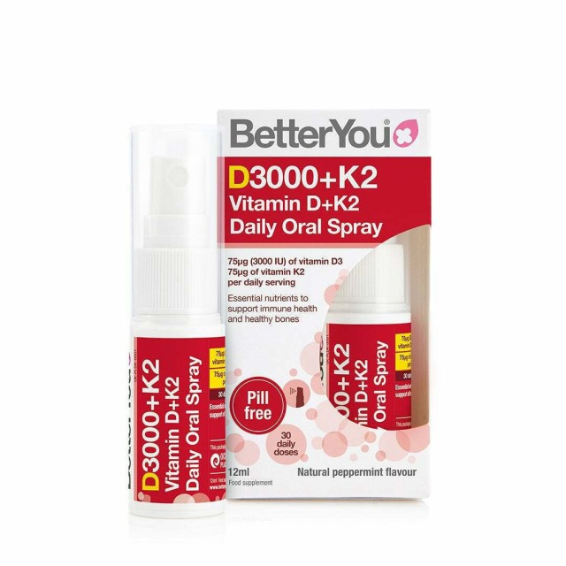 BetterYou DLux Vitamin D+K2 Daily Oral Spray, D3 75μg (3000iu) & K2 75μg 12ml