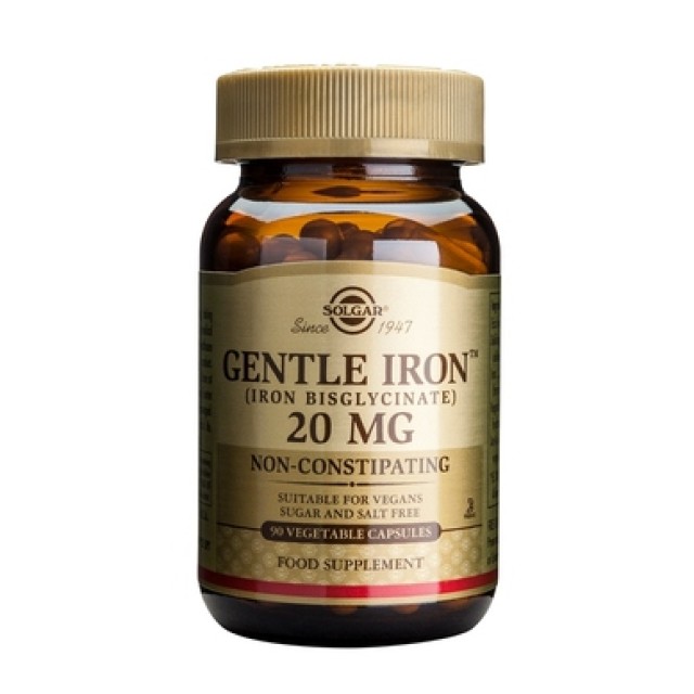 Solgar Gentle Iron 90Veg.Caps. Συμβάλλει στην δημιουργία των ερυθρών αιμοσφαιρίων & της αιμοσφαιρίνης 