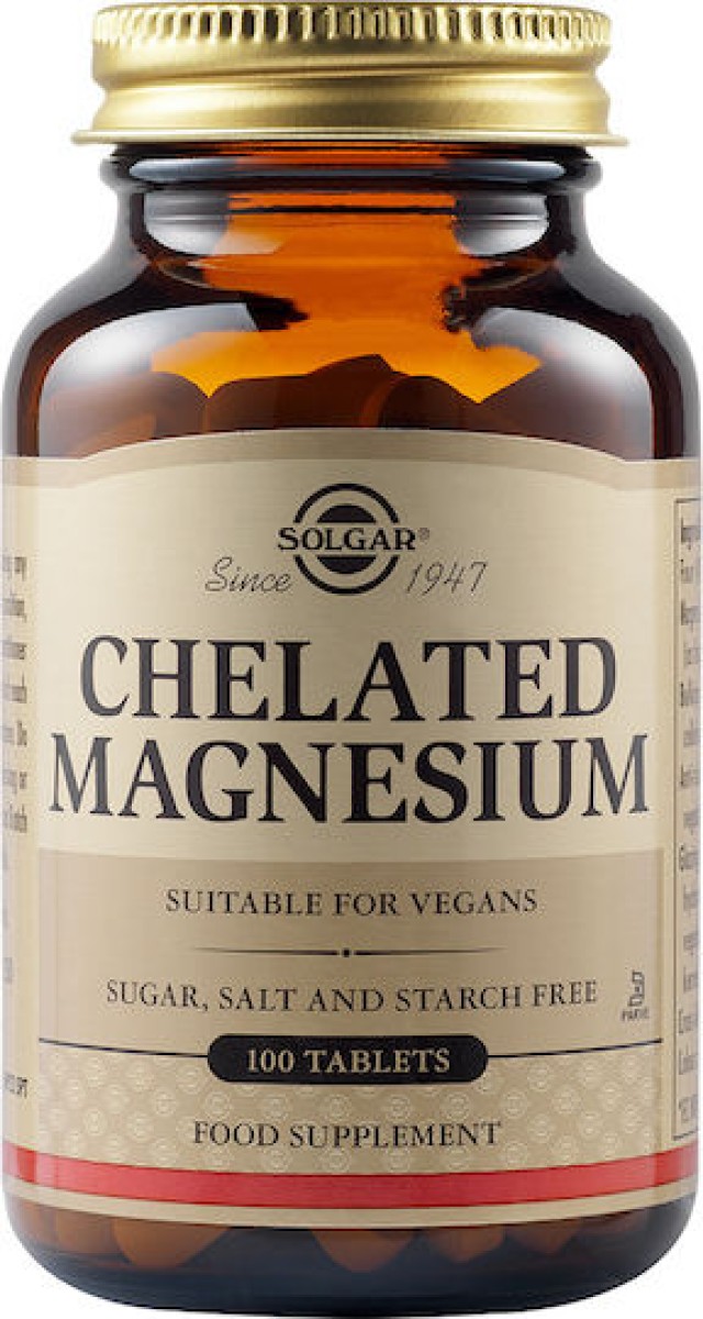 Solgar Chelated Magnesium 100mg, 100Tabs. Βοηθά στην τόνωση του νευρικού συστήματος