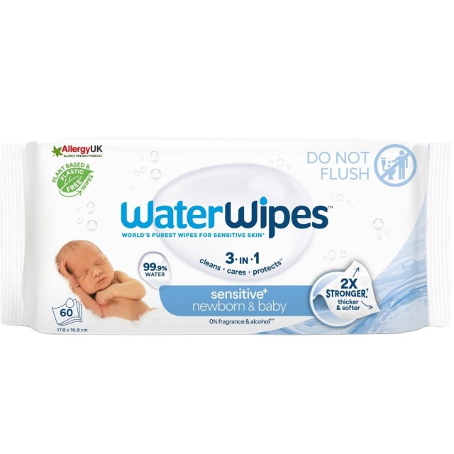 Water Wipes Sensitive + 0% Fragrance & Alcohol , Μωρομάντηλα με 99,9% Νερό Χωρίς Άρωμα, Οινόπνευμα & Parabens 60τεμάχια