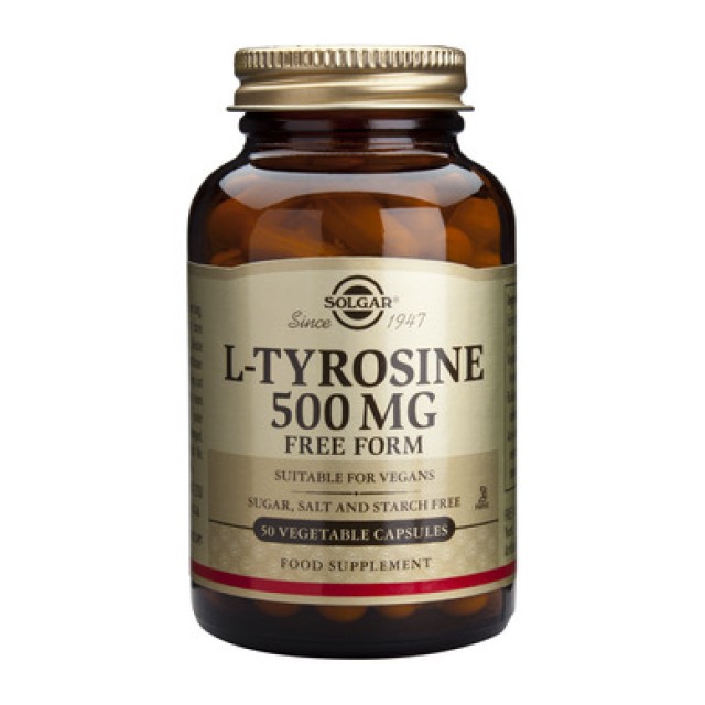 Solgar L-Tyrosine 500mg, 50Veg.Caps. Συμβάλλει στη σύνθεση των θυρεοειδών ορμονών