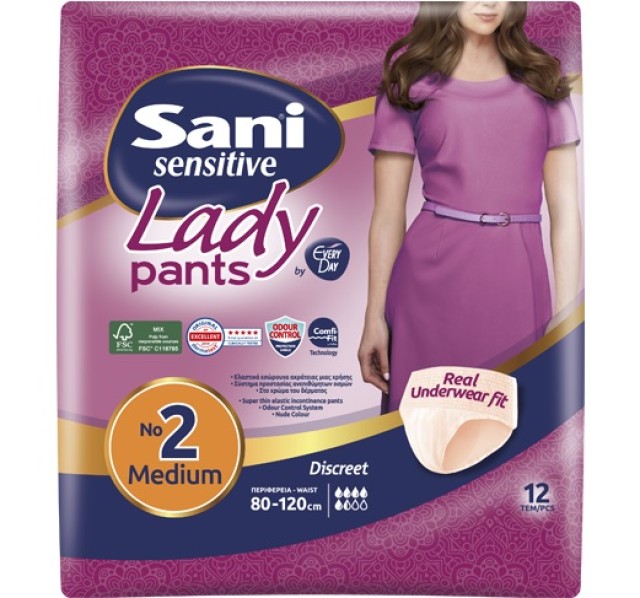 Sani Sensitive Lady Pants No2 Medium Γυναικεία Ελαστικά Εσώρουχα Ακράτειας 12 Τεμάχια
