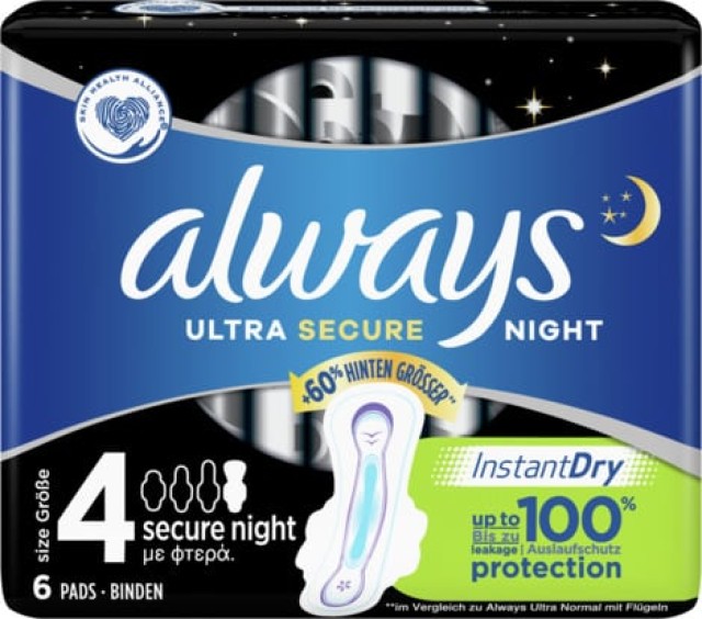 Always Ultra Secure Night 4, Σερβιέτες Υψηλής Απορροφητικότητας Με Φτερά, 6 τεμάχια