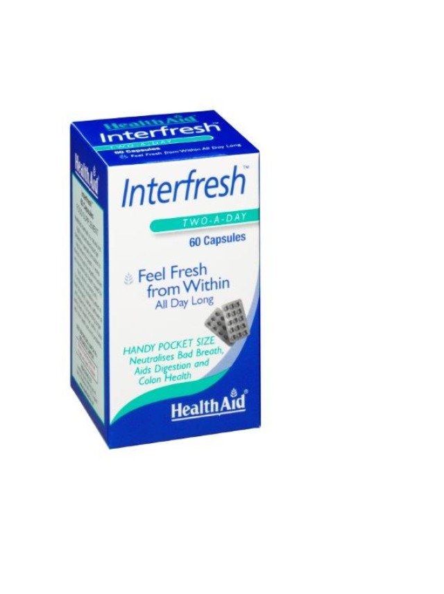 Health Aid Interfresh, Συμπλήρωμα Διατροφής Ενα Φυσικό Προϊόν, Ειδικά Σχεδιασμένο να δρα Θετικά στο Φρεσκάρισμα της Αναπνοής 60 Κάψουλες