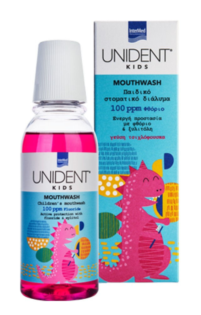 Intermed Unident Kids Mouthwash, Φθοριούχο Στοματικό Διάλυμα για την Φροντίδα των Παιδικών Δοντιών, Γεύση Τσιχλόφουσκα 250ml