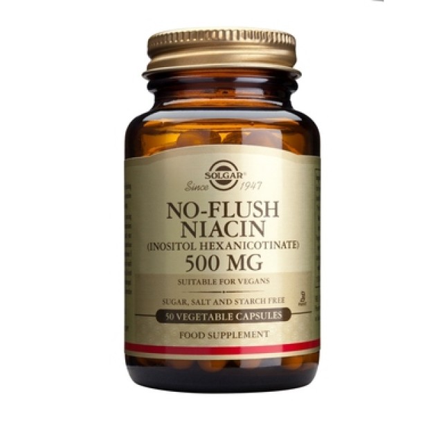Solgar No-Flush Niacin 500mg, 50Veg.Caps. Συνεισφέρει στη μείωση των αυξημένων επιπέδων χοληστερόλης